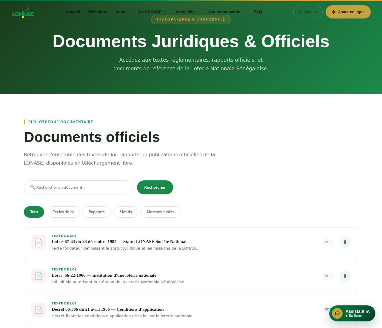 Capture fournie de la rubrique des documents juridiques de la LONASE